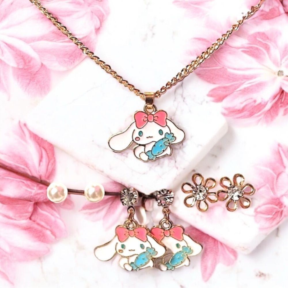 Super Cute Cinnamoroll Pink Bow Necklace And Earrings Set
